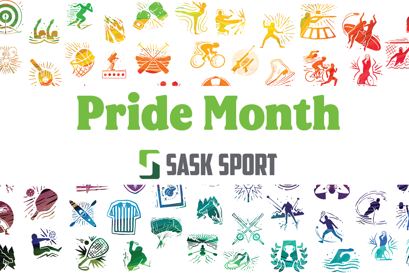 Colorful illustrations of various sport icons are arranged around the text "Pride Month" and the "Sask Sport" logo in the center.